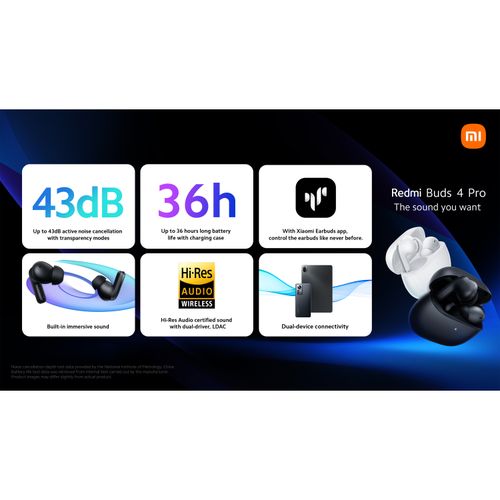 Xiaomi Redmi Buds 4 Pro Wireless Earbuds, Hi Resolution Audio, Dual Driver  Speaker, Immersive Sound, Up to 43dB ANC, Dual Device Connectivity, 36h